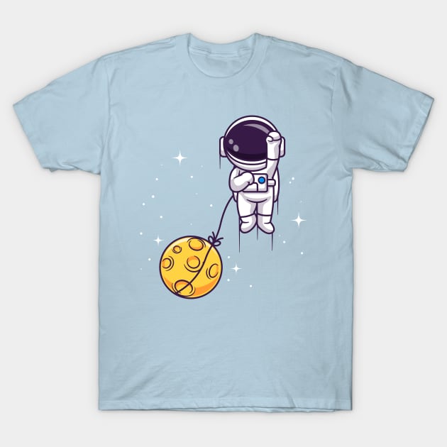 Cute Astronaut Flying With Moon In Space Cartoon T-Shirt by Catalyst Labs